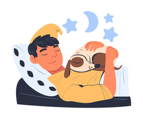 Young Man Character Sleeping with His Favorite Dog Pet Cuddling on His Chest in Bed Vector Illustration