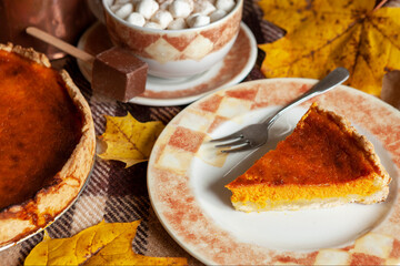 Traditional homemade festive pumpkin pie on cosy checkered plaid.