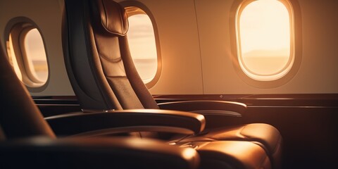 Luxury airplane interior, first class business luxury seat. Generative AI