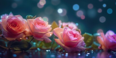 Fototapeta na wymiar Pink roses with blur bright bokeh background. Generative AI