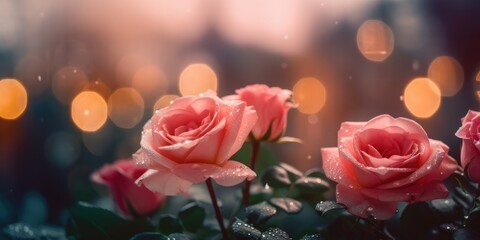 Fototapeta na wymiar Pink roses with blur bright bokeh background. Generative AI