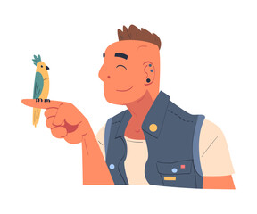 Young Man Character with Hawk Hairdo Having His Favorite Parrot Pet Sitting on His Finger Vector Illustration