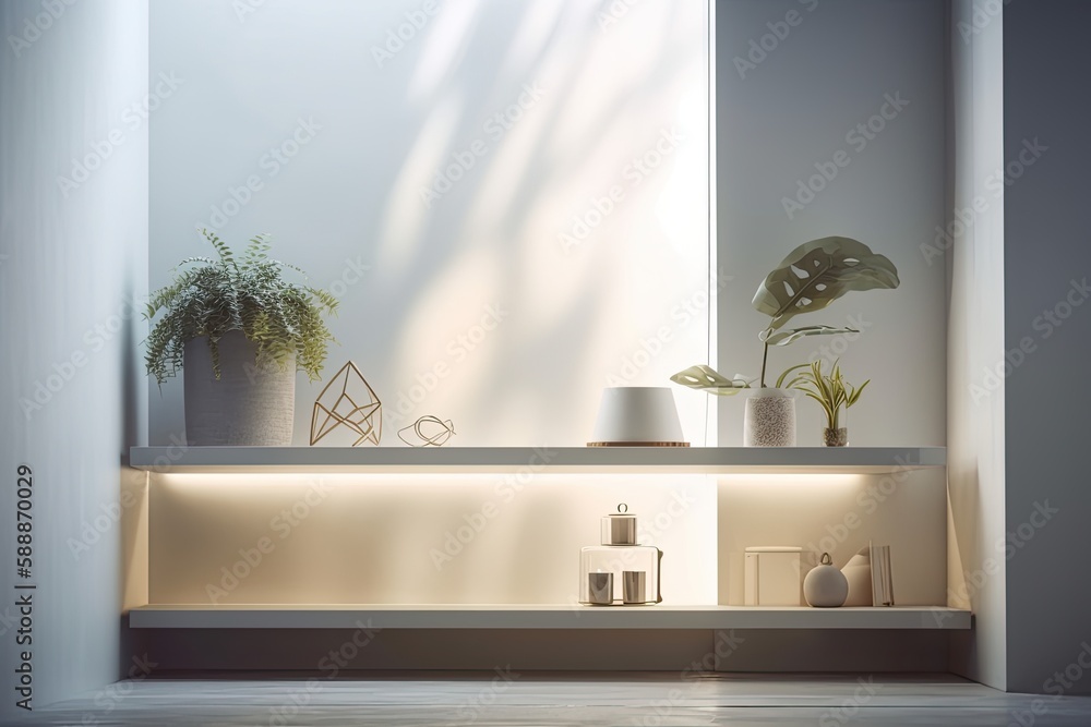 Poster front view of a white table showcase with an empty shelf on it, lit by a window from the outside. ba