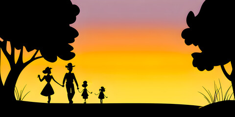 silhouettes of a man, a woman and two children, a family watching the sunset, created by artificial intelligence