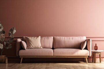 Mockup of a brown couch with a pink wall. Generative AI