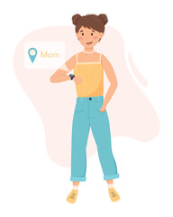 Girl with smart watch on her wrist, incoming notification. Cartoon Woman looking at fitness bracelet. Sharing Geolocation . Vector isolated flat illustration.