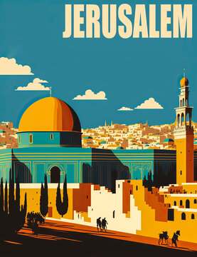 Vintage 1960s poster of Jerusalem with the Western Wall and Dome of the Rock in the background. Sky is clear blue with muted colors and a flattened design. Generative AI