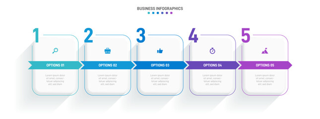Timeline infographic with infochart. Modern presentation template with 5 spets for business process. Website template on white background for concept modern design. Horizontal layout.
