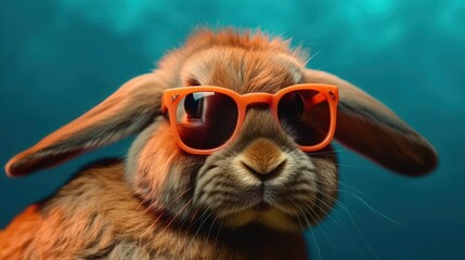 Happy bunny with sunglasses on colorful background. Generative AI
