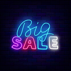 Big Sale neon signboard. Special offer emblem. Marketing label. Shiny banner with lettering. Vector illustration