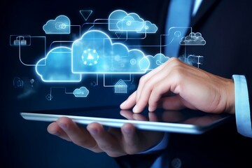 Businessman showing cloud computing on tablet, Computer system resources, Cloud service technologies concept.