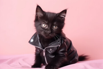 A fluffy cute cat dressed as a biker is isolated on a pink studio background. A baby black kitten in a black leather jacket. Cool biker cat. Generative AI.
