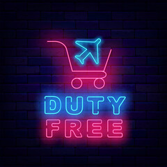 Duty free neon label. Shopping cart with plane. Advertising on brick wall. Vector stock illustration