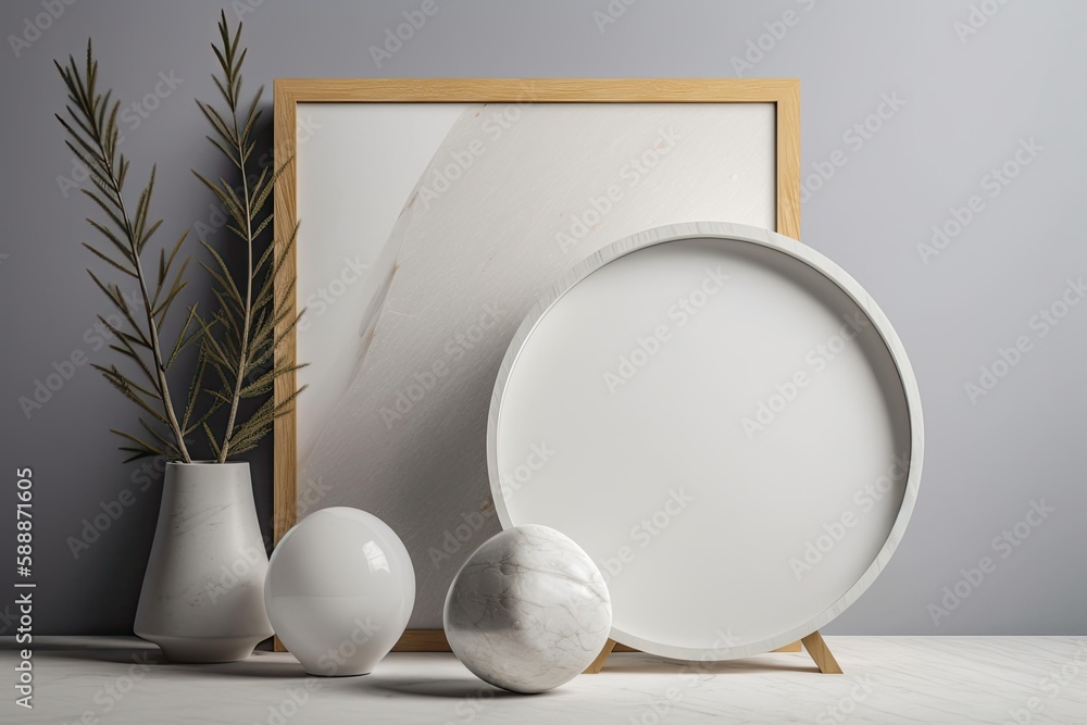 Poster round stone and a white frame are on the table. design that is minimalist. generative ai