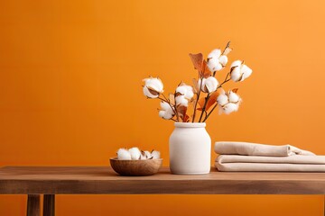 Obraz na płótnie Canvas Close up of a wooden desk, table, or shelf in a design concept. Cotton flowers and dry plants are displayed in ceramic vases. template mock up design with an orange backdrop and copy space. Generative