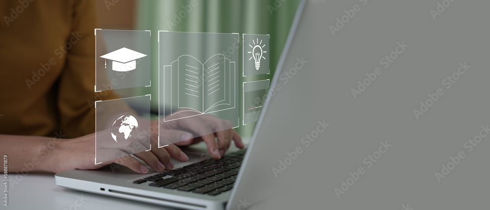 Poster young woman with learning language during online courses using netbook. Distance learning online education. e-learning webinar on internet for personal development and professional qualifications.