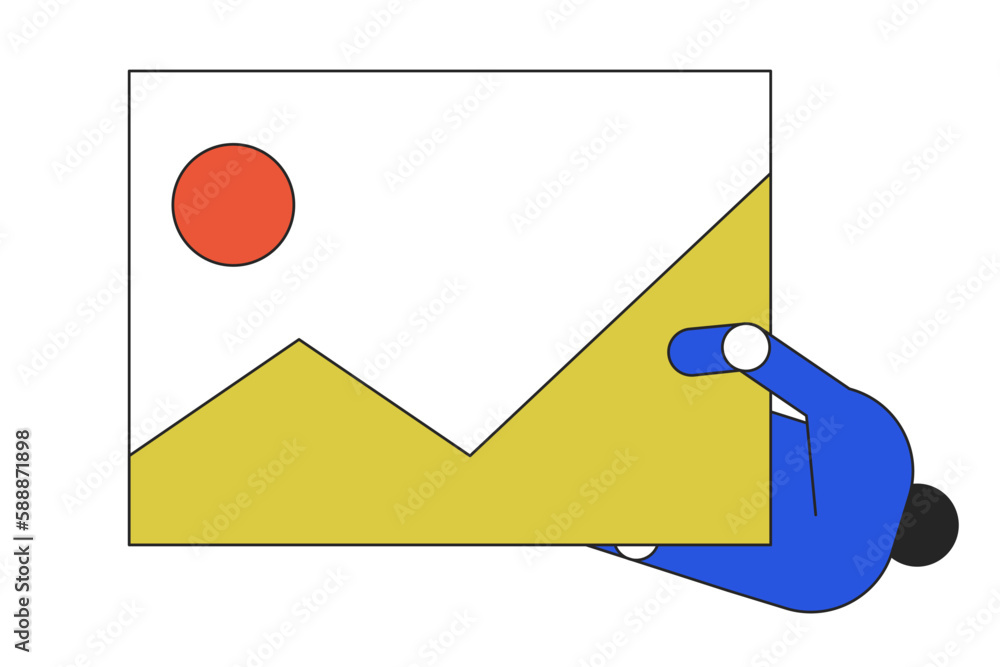 Poster robotic hand with painting artwork linear flat color vector icon. ai image generation. editable elem