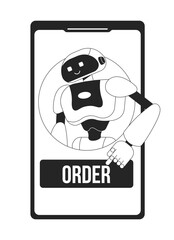 AI shopping system black and white concept vector spot illustration. Editable 2D flat monochrome cartoon mobile screen for web design. Line art idea for website, mobile, blog. Bebas Neue font used