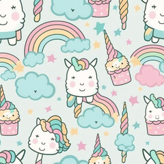 Seamless pattern with cute unicorns, rainbow, clouds and cupcakes. Generative AI