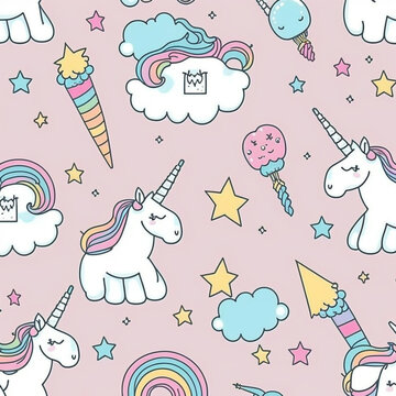 Seamless pattern with unicorns, rainbow, ice cream, clouds and stars. Generative AI