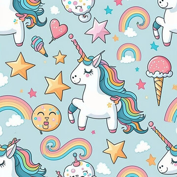 Seamless pattern with cute unicorns, ice cream, rainbow, stars and clouds. Generative AI