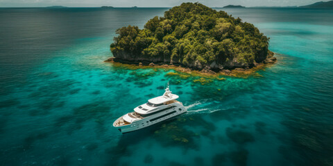 Island Retreat: Aerial View of Luxurious Yacht Anchored in Tropical Paradise. Generative AI
