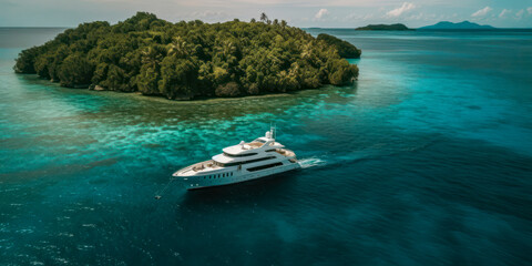 Fototapeta na wymiar Luxury Yacht anchored in tropical paradise. Aerial view of yacht surrounded by crystal-clear turquoise waters, anchored in a tropical island with lush greenery and white sandy beaches. Generative AI
