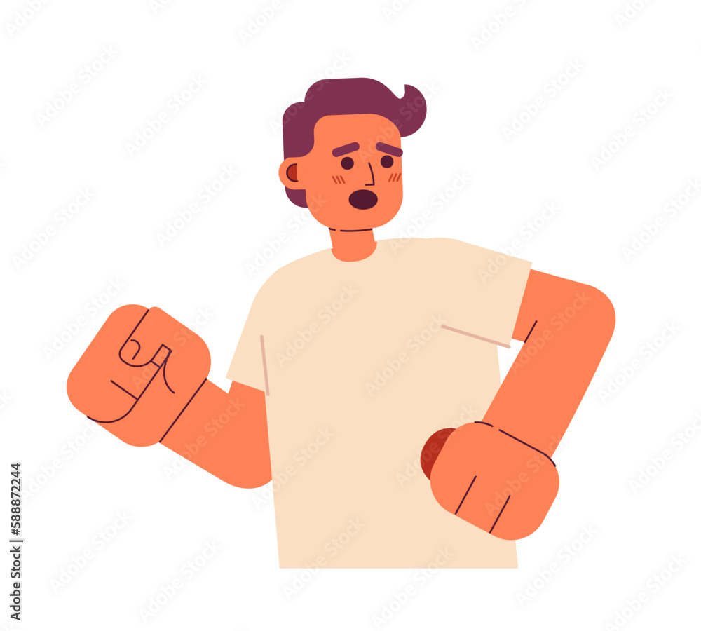 Poster scared guy running away semi flat color vector character. escaping danger. editable figure. half bod