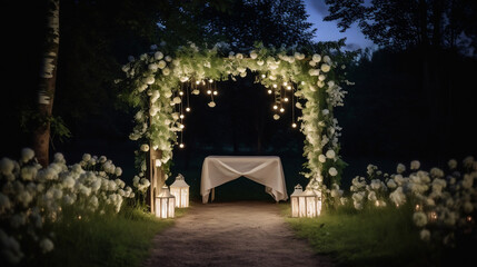 Night  wedding  ceremony  with  arch  orchid  flowers, chairs. Wedding decorations. Generative AI.