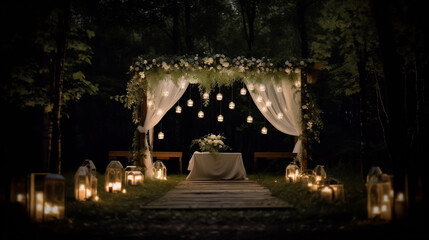 Night  wedding  ceremony  with  arch  orchid  flowers, chairs. Wedding decorations. Generative AI.