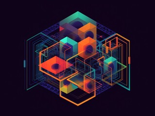 Abstract colorful background with isometric cubes and lines.