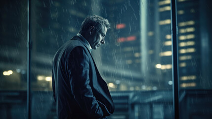 A businessman in an office with panoramic windows looks at the city, concept of success in business created with generative AI technology