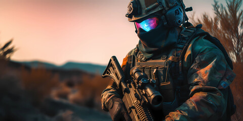 Masked Gaming Operator with Weapon. Color Highlights. Landscape. Helmet, Mask and Glasses. Gaming Background. Created by Generative AI