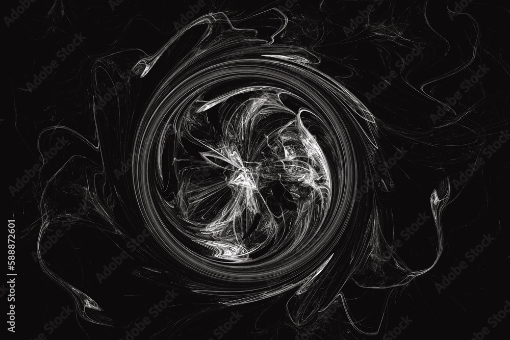 Poster white swirling pattern of crooked waves on a black background. abstract fractal 3d rendering