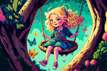 A young blonde girl sits on a swing suspended from a tree branch. Bright, playful colors convey a sense of childhood joy and freedom. Generative AI