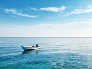 Boat in the sea on a background of blue sky with clouds