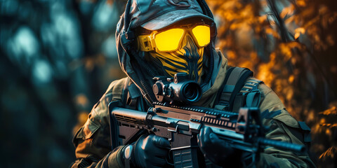 Masked Gaming Operator with Weapon. Color Highlights. Landscape. Helmet, Mask and Glasses. Gaming Background. Created by Generative AI