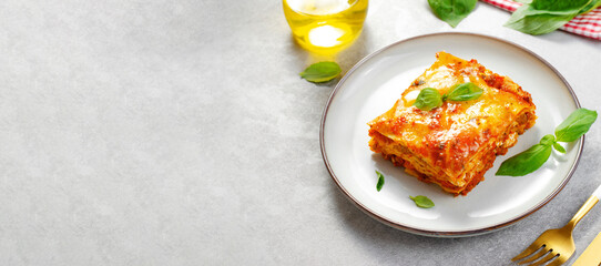 Delicious Homemade Lasagna with Bolognese Sauce on Bright Background, Italian Cuisine, Tasty Baked Lasagna