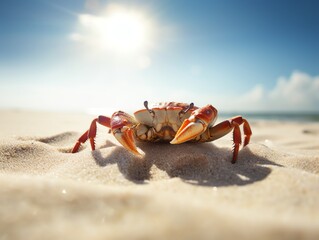 Fototapeta na wymiar Crab on the beach with blue sky and white clouds background.