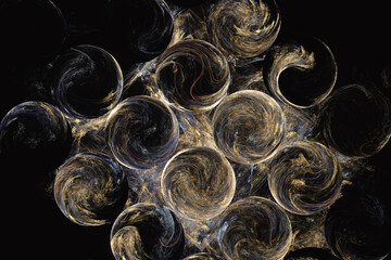 Orange pattern with spheres of crooked waves on a black background. Abstract fractal 3D rendering