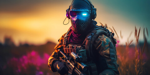 Masked Gaming Operator with Weapon. Color Highlights. Landscape. Helmet, Mask and Glasses. Gaming Background. Created by Generative AI