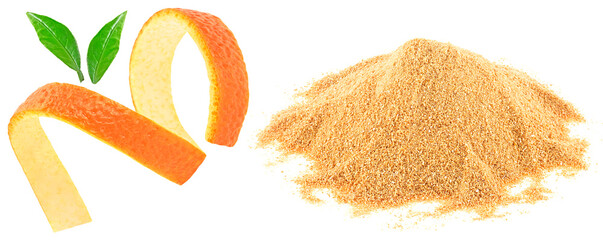Pile of dried orange peel powder and fresh orange skin isolated on a white background