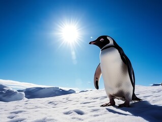 Fototapeta premium Penguin in the snow on the blue sky background.