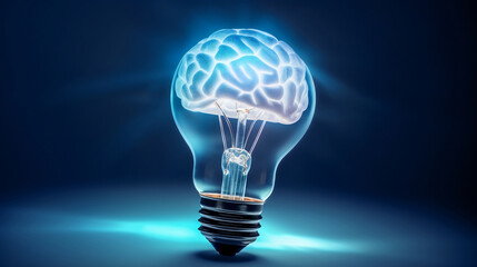 Idea bulb with glowing brain. Generative AI.