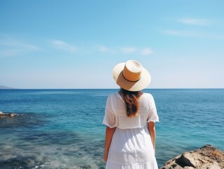Fototapeta na wymiar Beautiful girl in a white dress and straw hat on the background of the sea