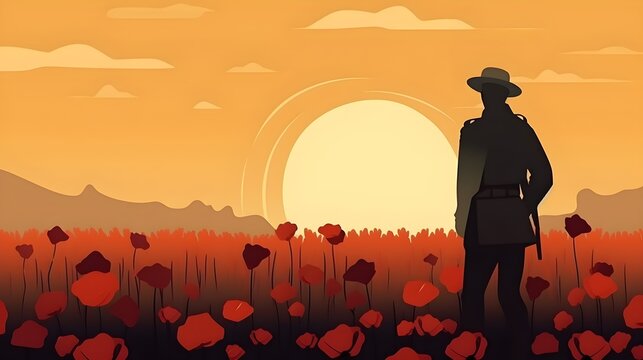 Silhouette of a soldier paying respect at the grave in the sunset with the poppy flowers on Anzac day. At Anzac day solider paying respect in the sunset. AI generative
