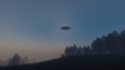3d-rendering. UFO in the sky in the fog over the trees at dawn.