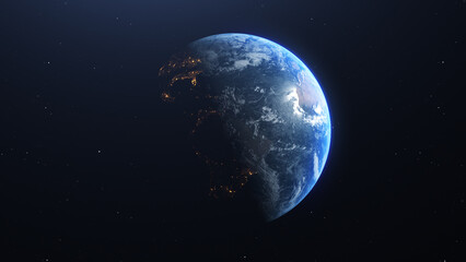Earth in space view with shining sunrise in universe and galaxy background. Nature and World environment concept. Science and globe. Fantasy sky atmosphere. 3D illustration render