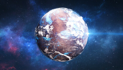 Planet earth with city lights and clouds in space with stars. 3d illustration