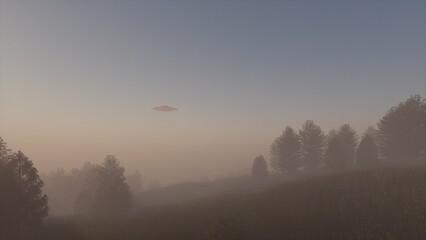 3d-rendering. UFO in the sky in the fog over the trees at dawn.